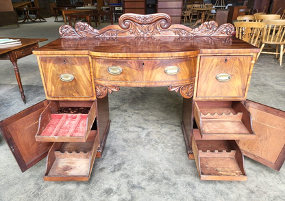 Antique William IV Mahogany Bow Break Front Carved Sideboard Wine Rack Drawers