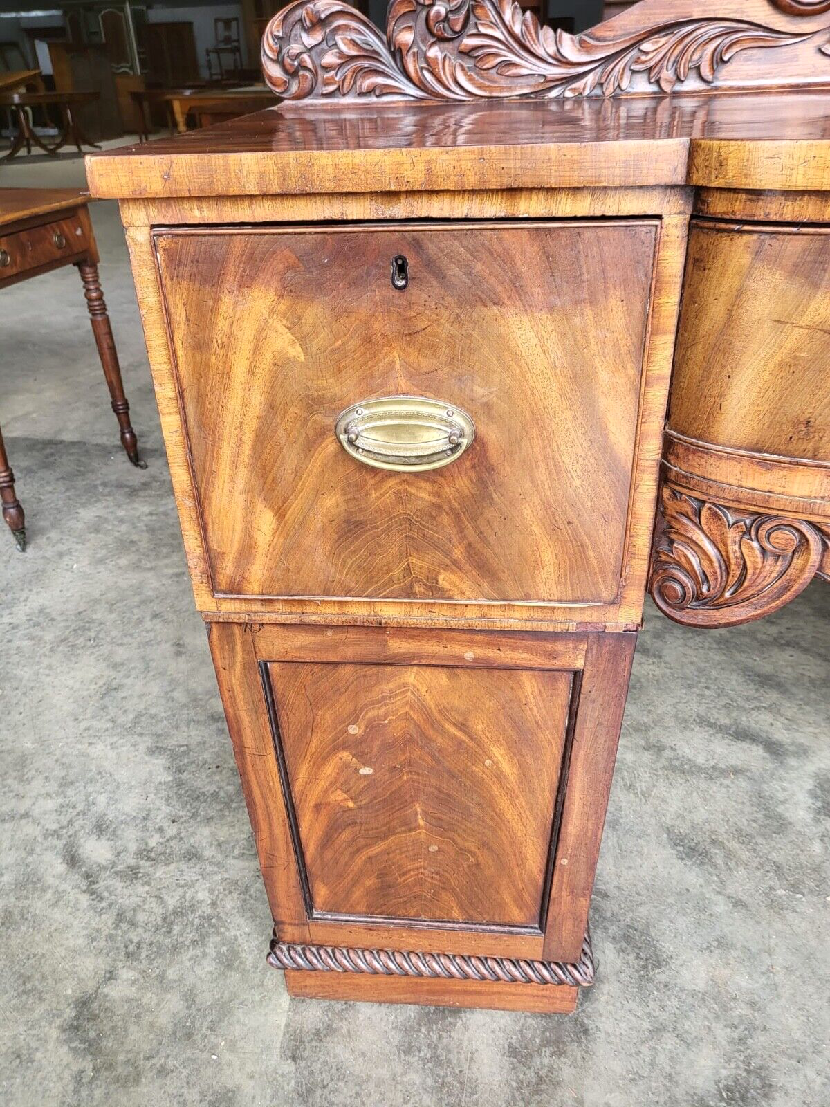 Antique William IV Mahogany Bow Break Front Carved Sideboard Wine Rack Drawers