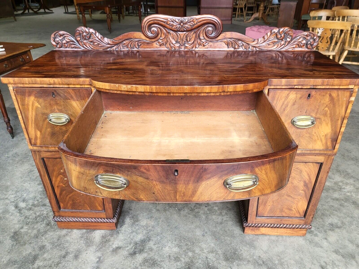 Antique William IV Mahogany Bow Break Front Carved Sideboard Wine Rack Drawers