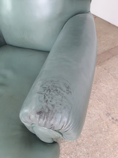 Antique Wing Back Green Leather Armchair Wood Legs Castors