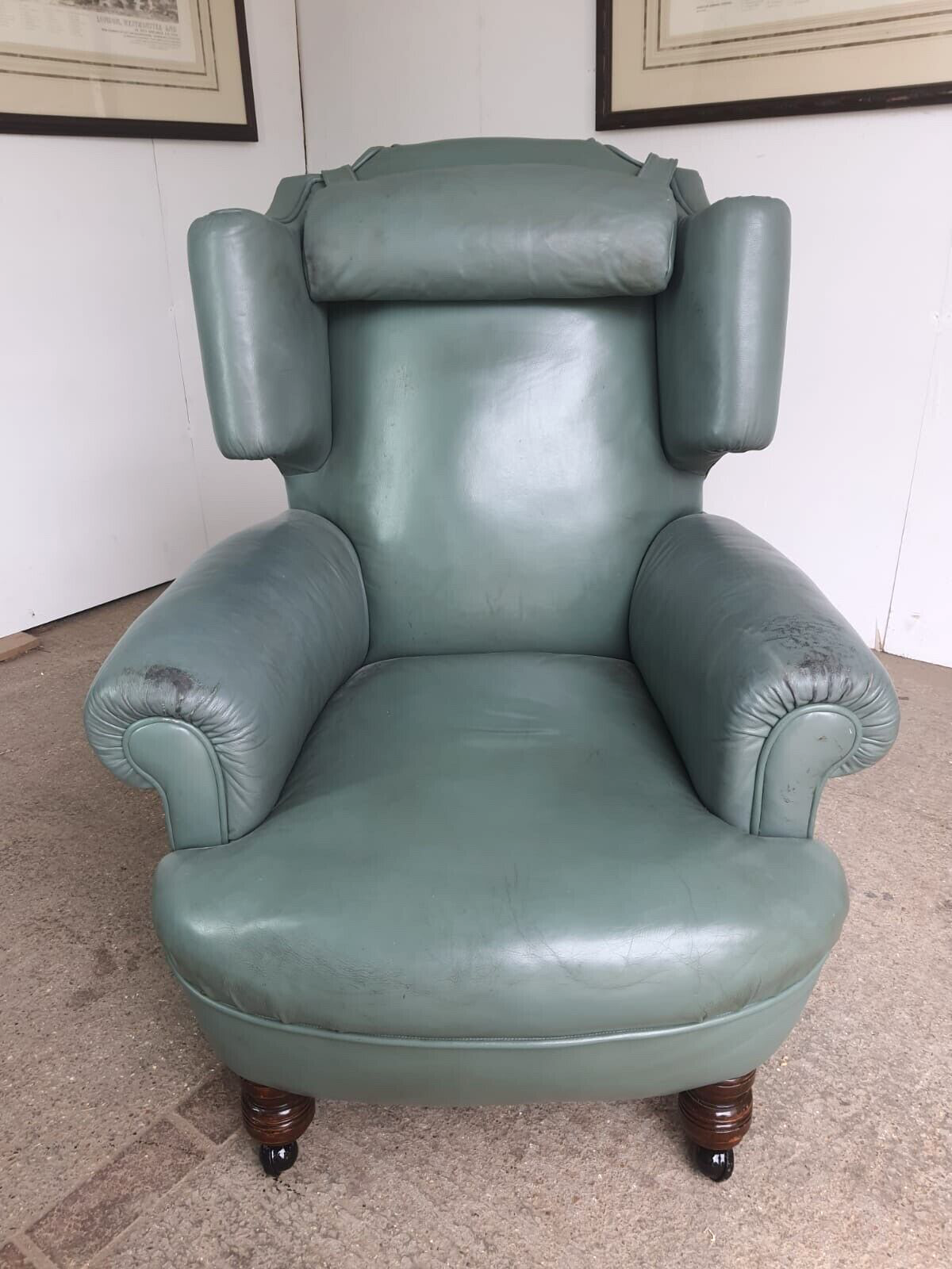 Antique Wing Back Green Leather Armchair Wood Legs Castors
