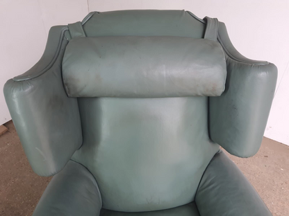 Antique Wing Back Green Leather Armchair Wood Legs Castors