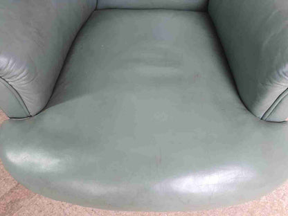 Antique Wing Back Green Leather Armchair Wood Legs Castors