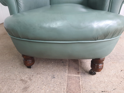 Antique Wing Back Green Leather Armchair Wood Legs Castors