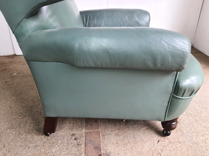 Antique Wing Back Green Leather Armchair Wood Legs Castors