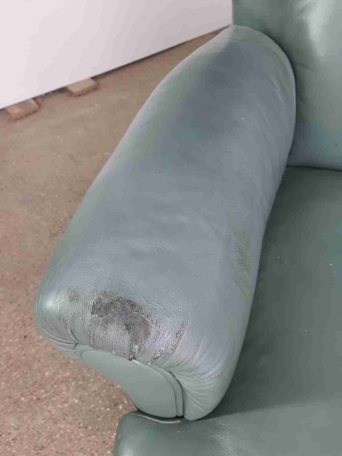 Antique Wing Back Green Leather Armchair Wood Legs Castors