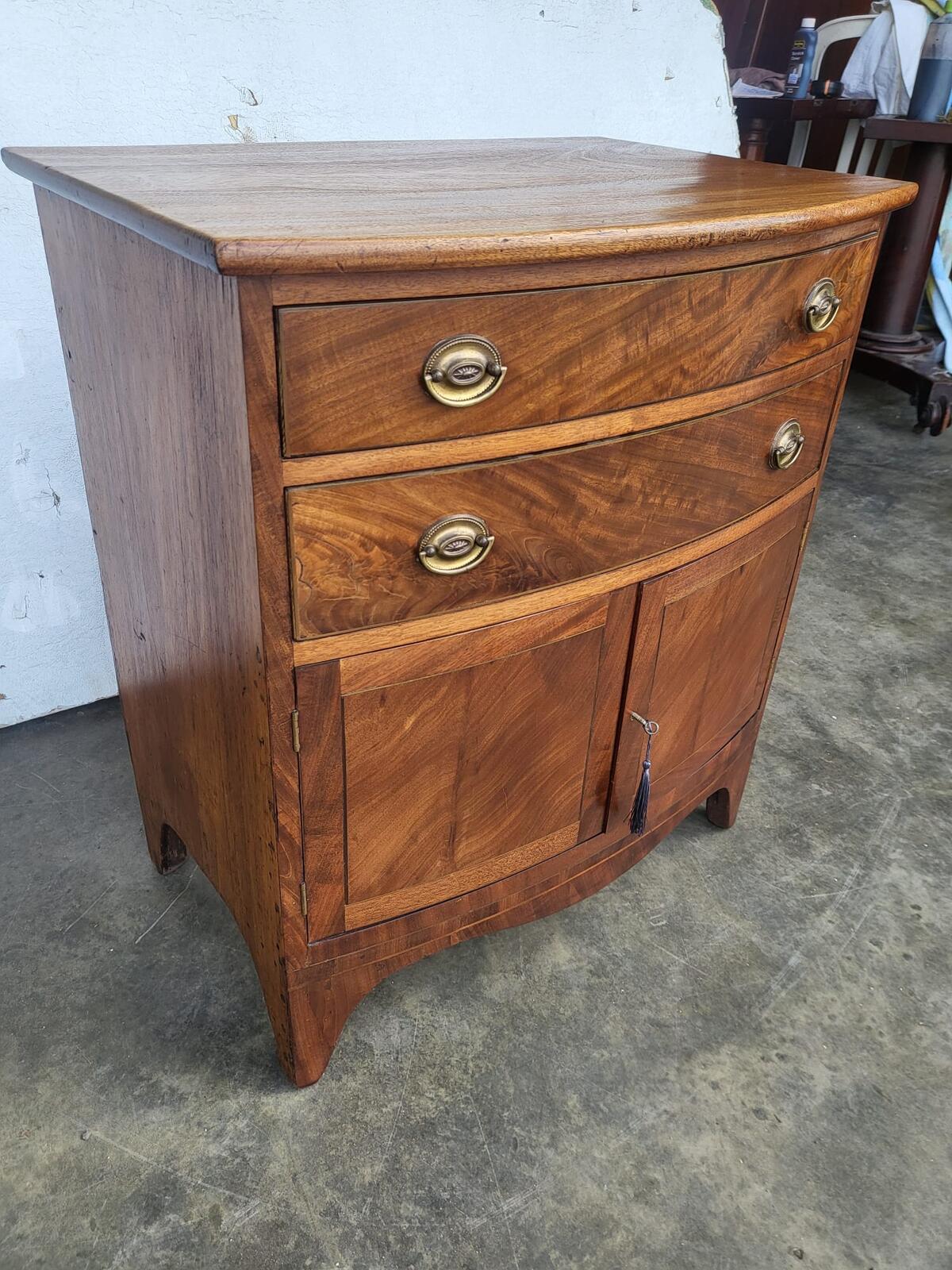 Antique Edwardian small bow front cabinet drawers splayed legs