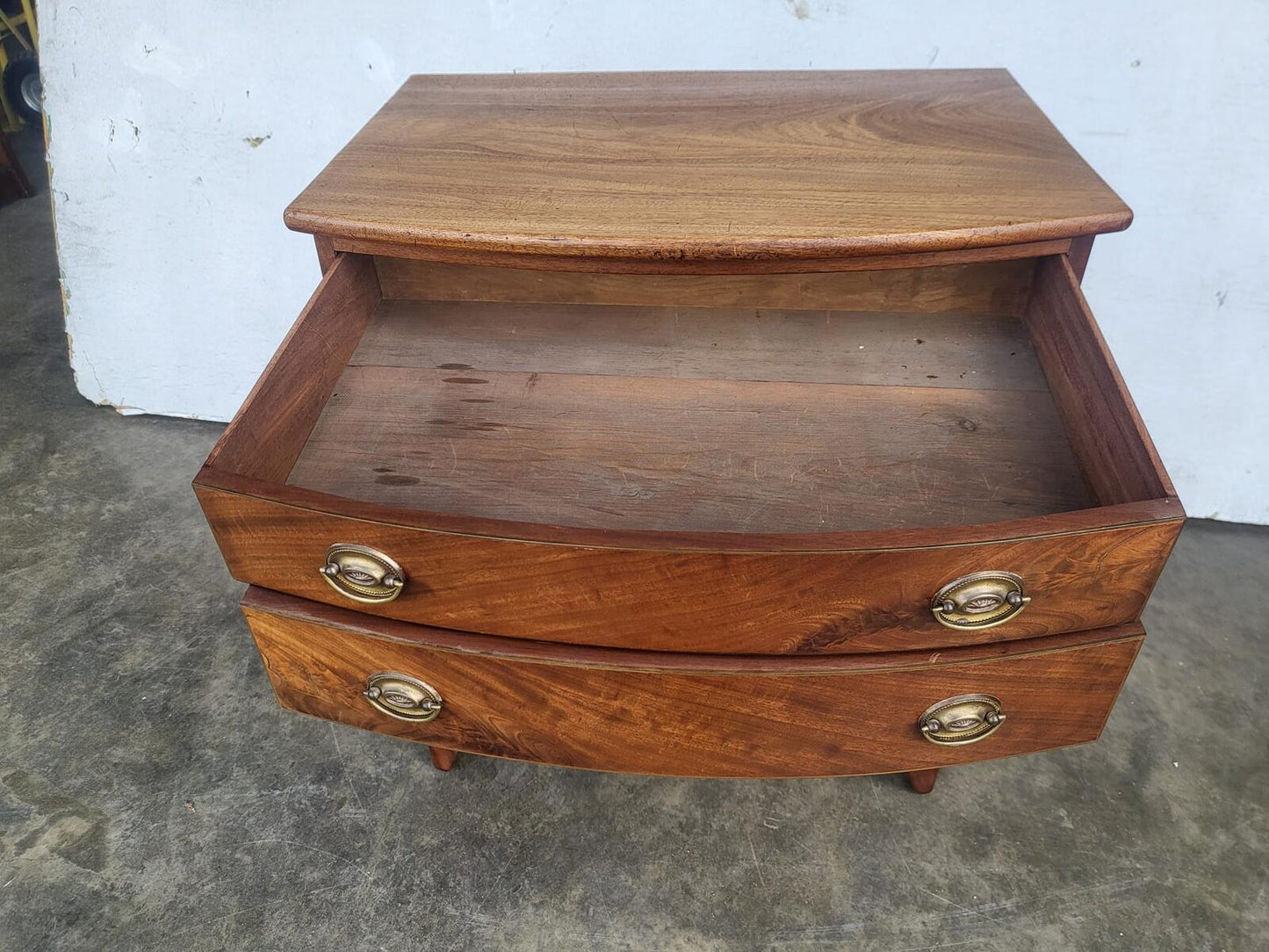 Antique Edwardian small bow front cabinet drawers splayed legs