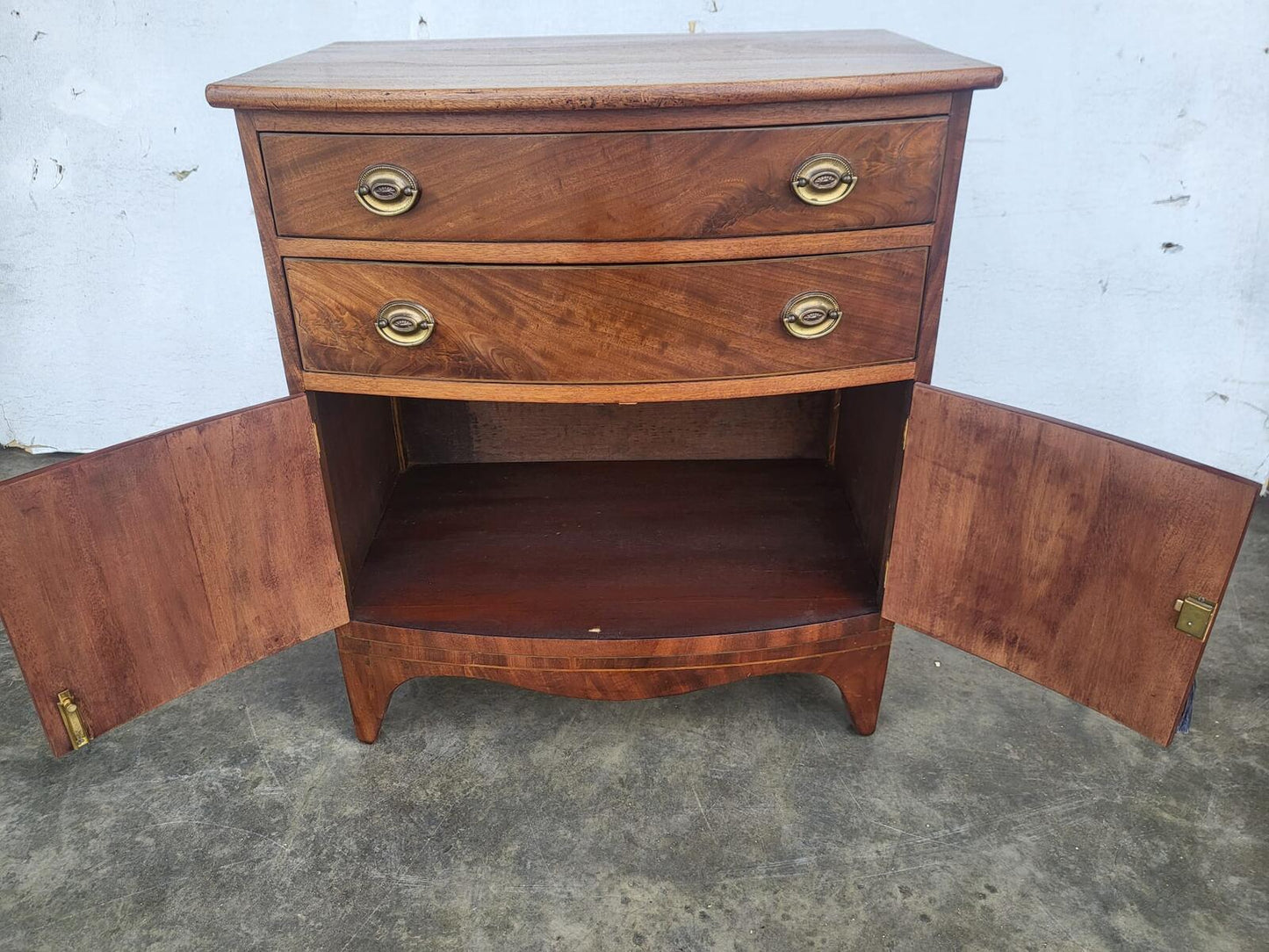 Antique Edwardian small bow front cabinet drawers splayed legs