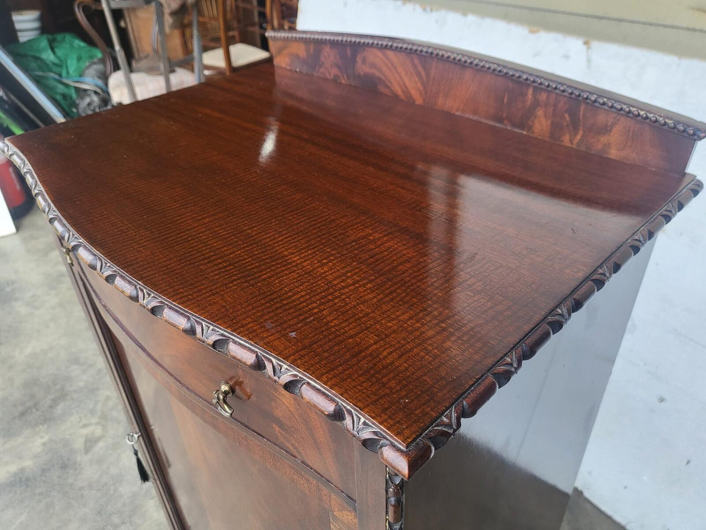 Antique mahogany tall bow front cabinet drawer legs