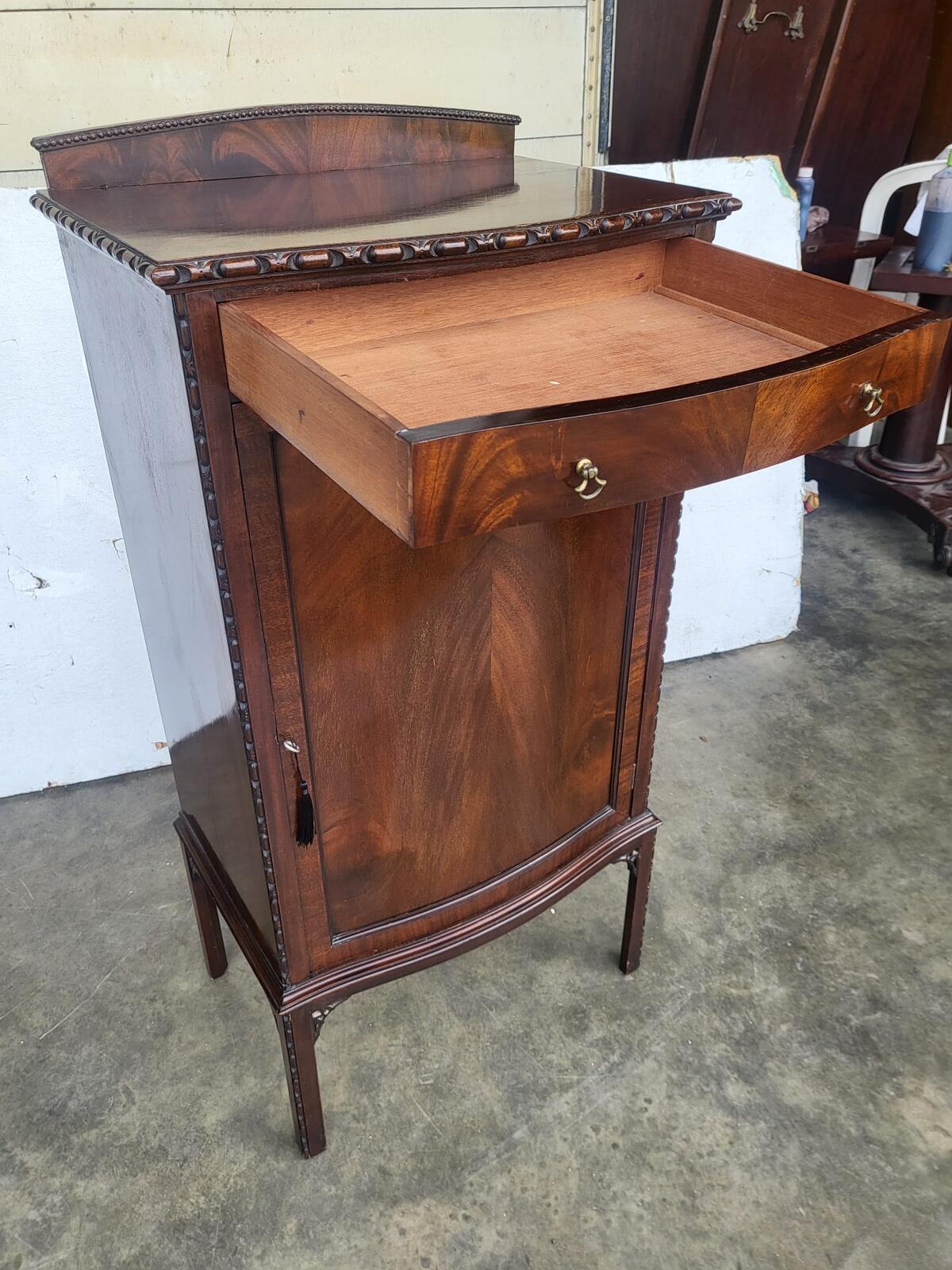 Antique mahogany tall bow front cabinet drawer legs