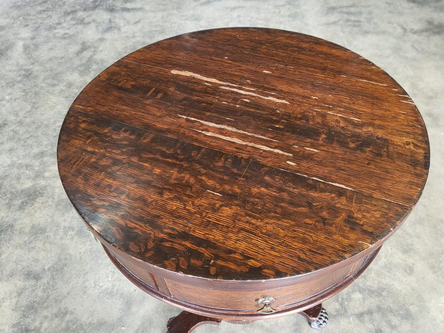 Antique oak round side end drum lamp table drawers