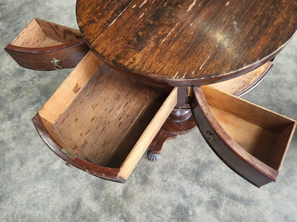 Antique oak round side end drum lamp table drawers