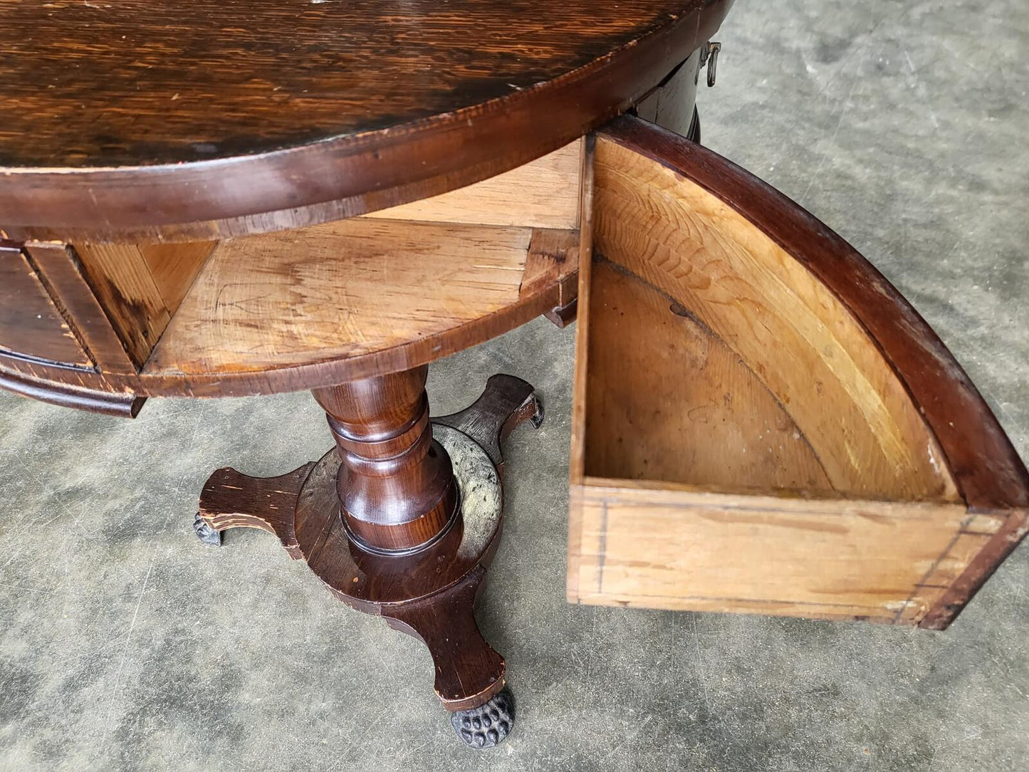 Antique oak round side end drum lamp table drawers