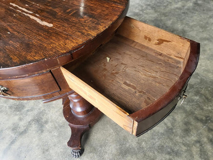 Antique oak round side end drum lamp table drawers