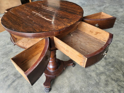 Antique oak round side end drum lamp table drawers