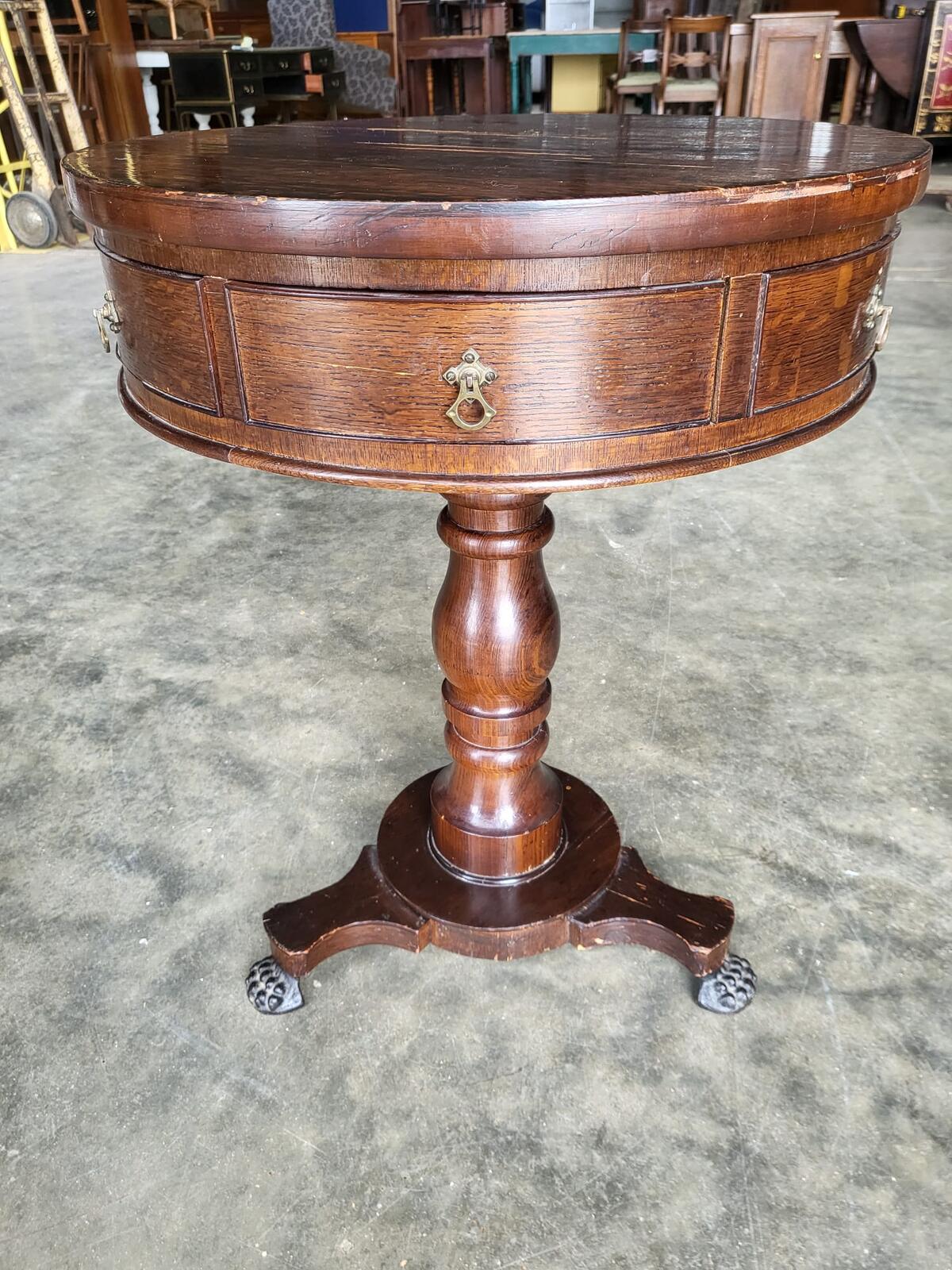 Antique oak round side end drum lamp table drawers