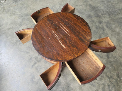 Antique oak round side end drum lamp table drawers