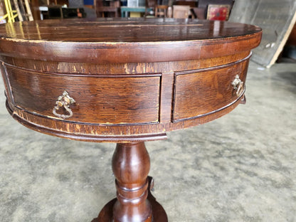 Antique oak round side end drum lamp table drawers