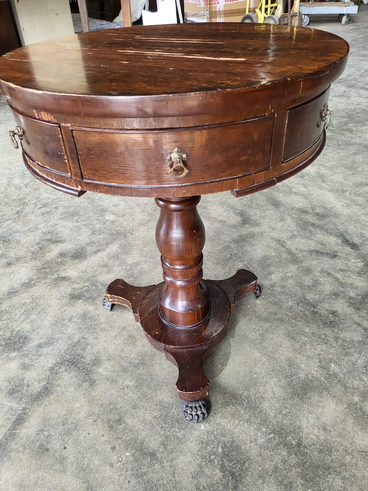 Antique oak round side end drum lamp table drawers