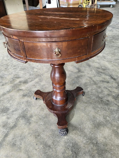 Antique oak round side end drum lamp table drawers