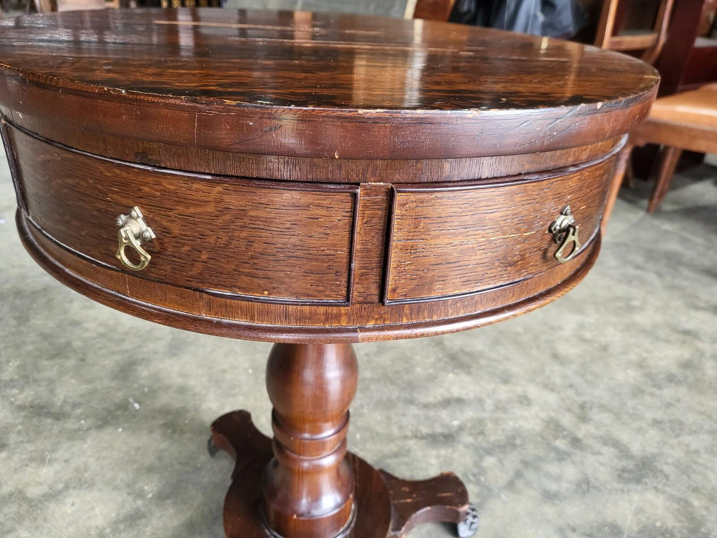 Antique oak round side end drum lamp table drawers