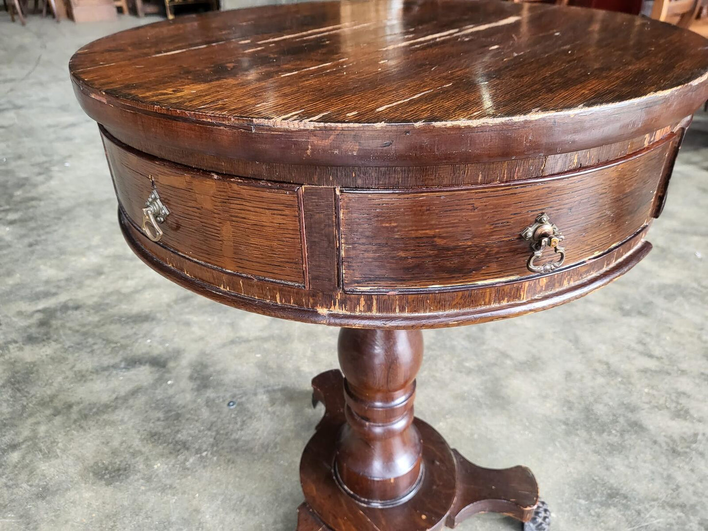 Antique oak round side end drum lamp table drawers