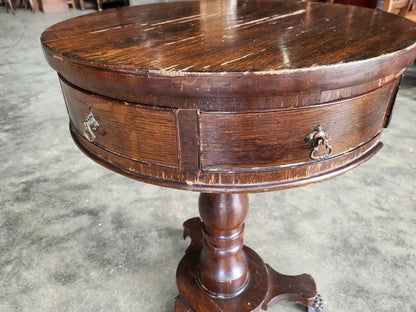 Antique oak round side end drum lamp table drawers