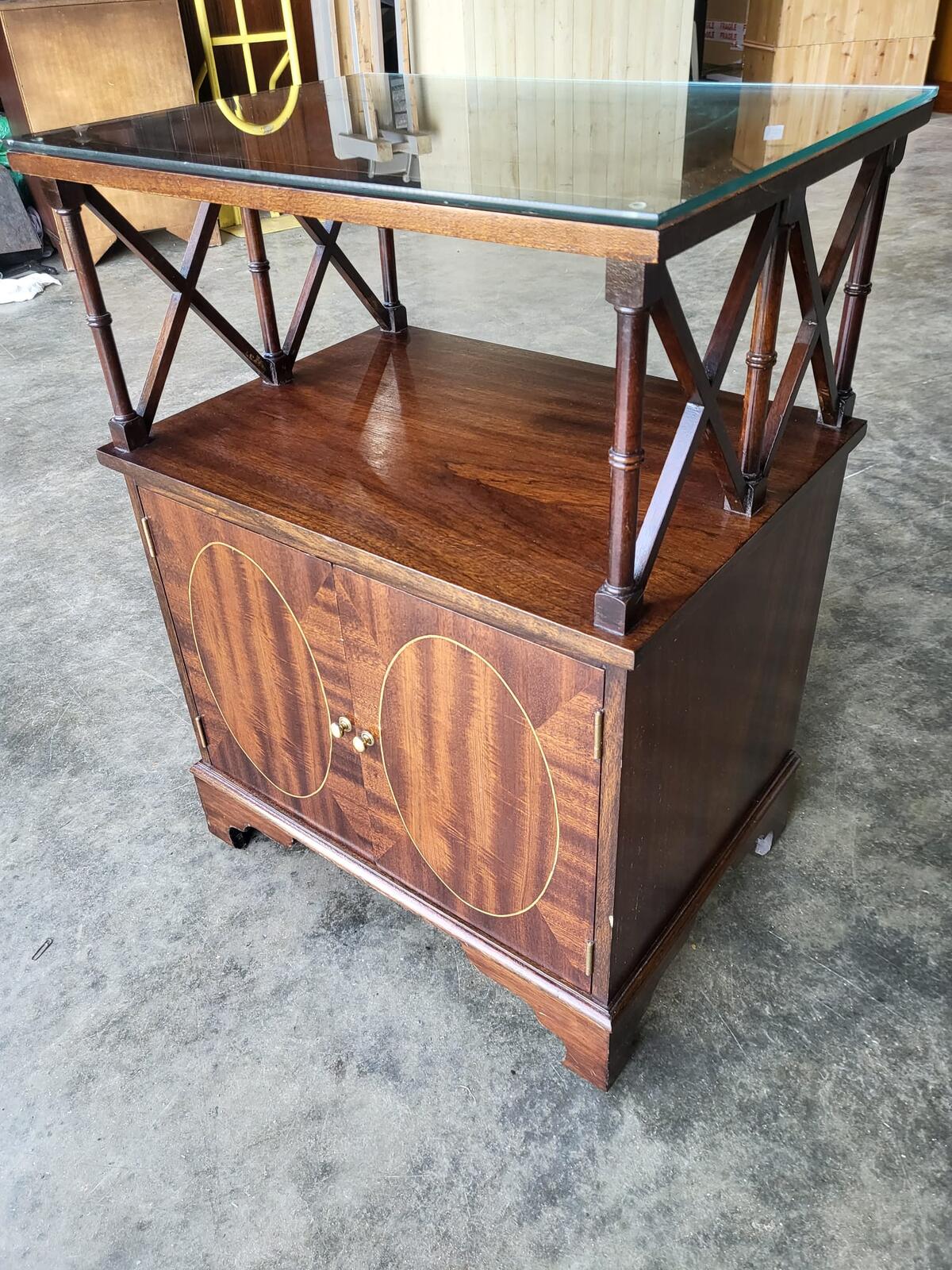 Antique repro mahogany 2 tier side end cabinet lamp table