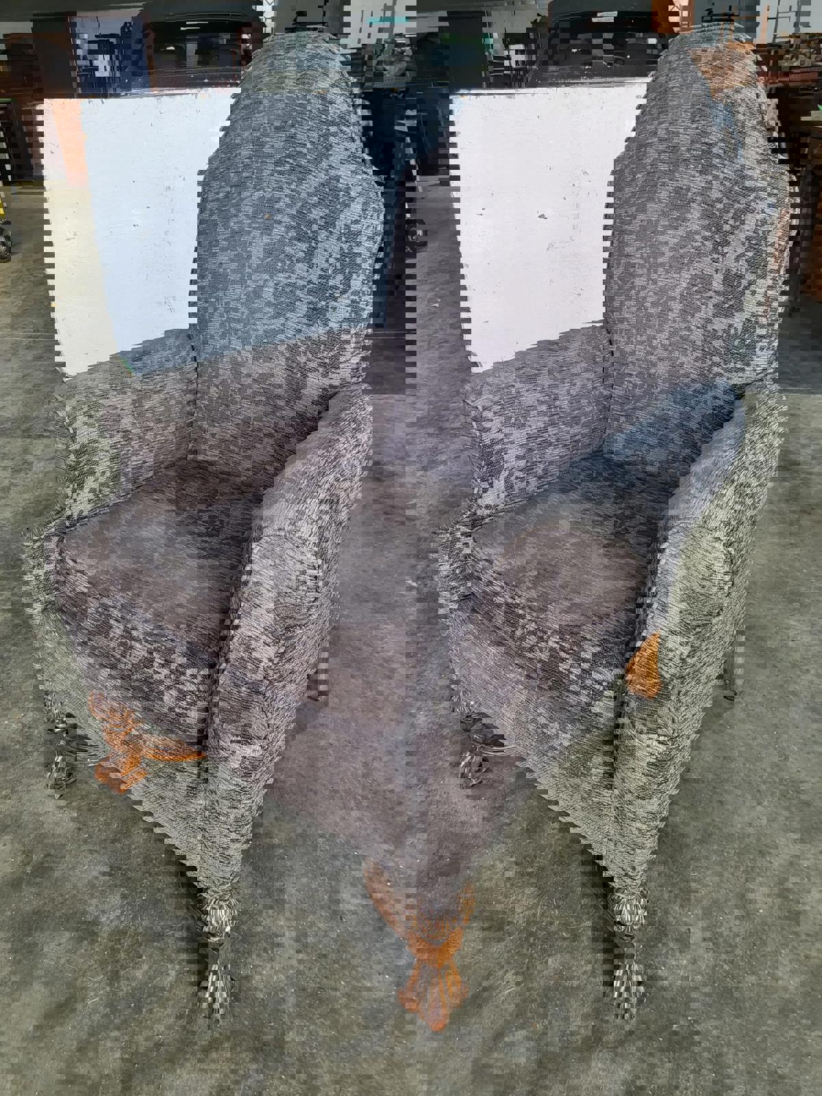 Antique repro? High back arm chair oak legs scroll arms