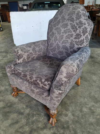 Antique repro? High back arm chair oak legs scroll arms