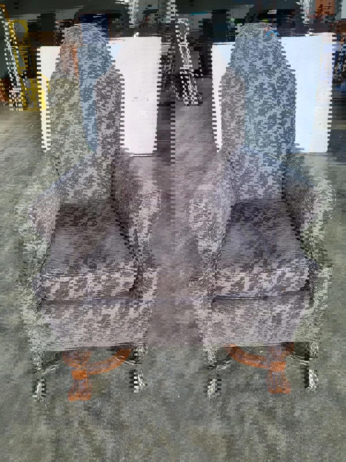 Antique repro? High back arm chair oak legs scroll arms