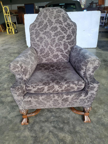 Antique repro? High back arm chair oak legs scroll arms