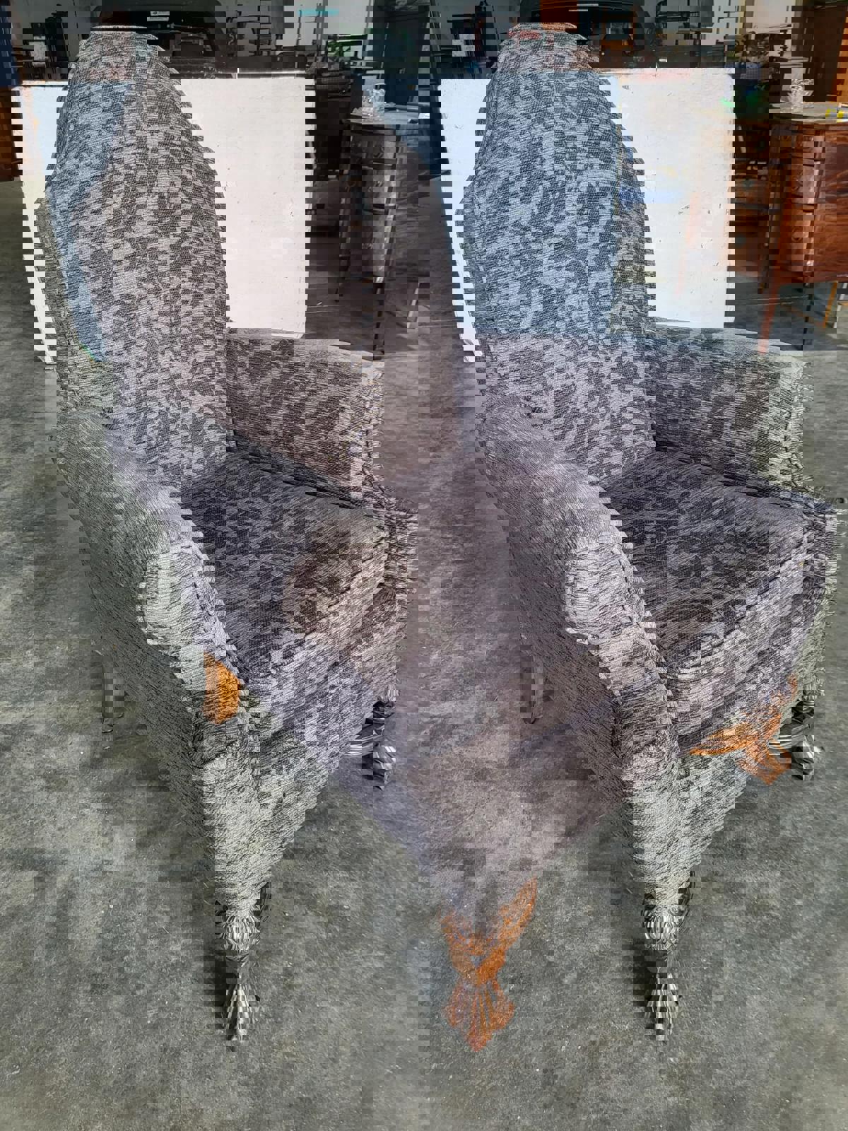 Antique repro? High back arm chair oak legs scroll arms