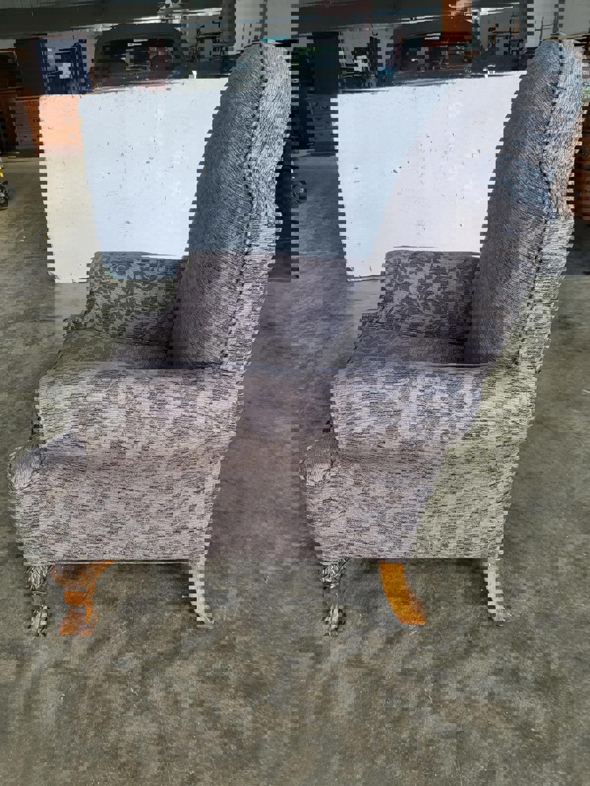 Antique repro? High back arm chair oak legs scroll arms