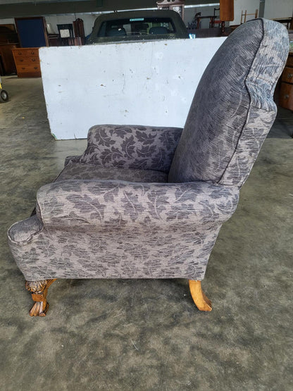 Antique repro? High back arm chair oak legs scroll arms