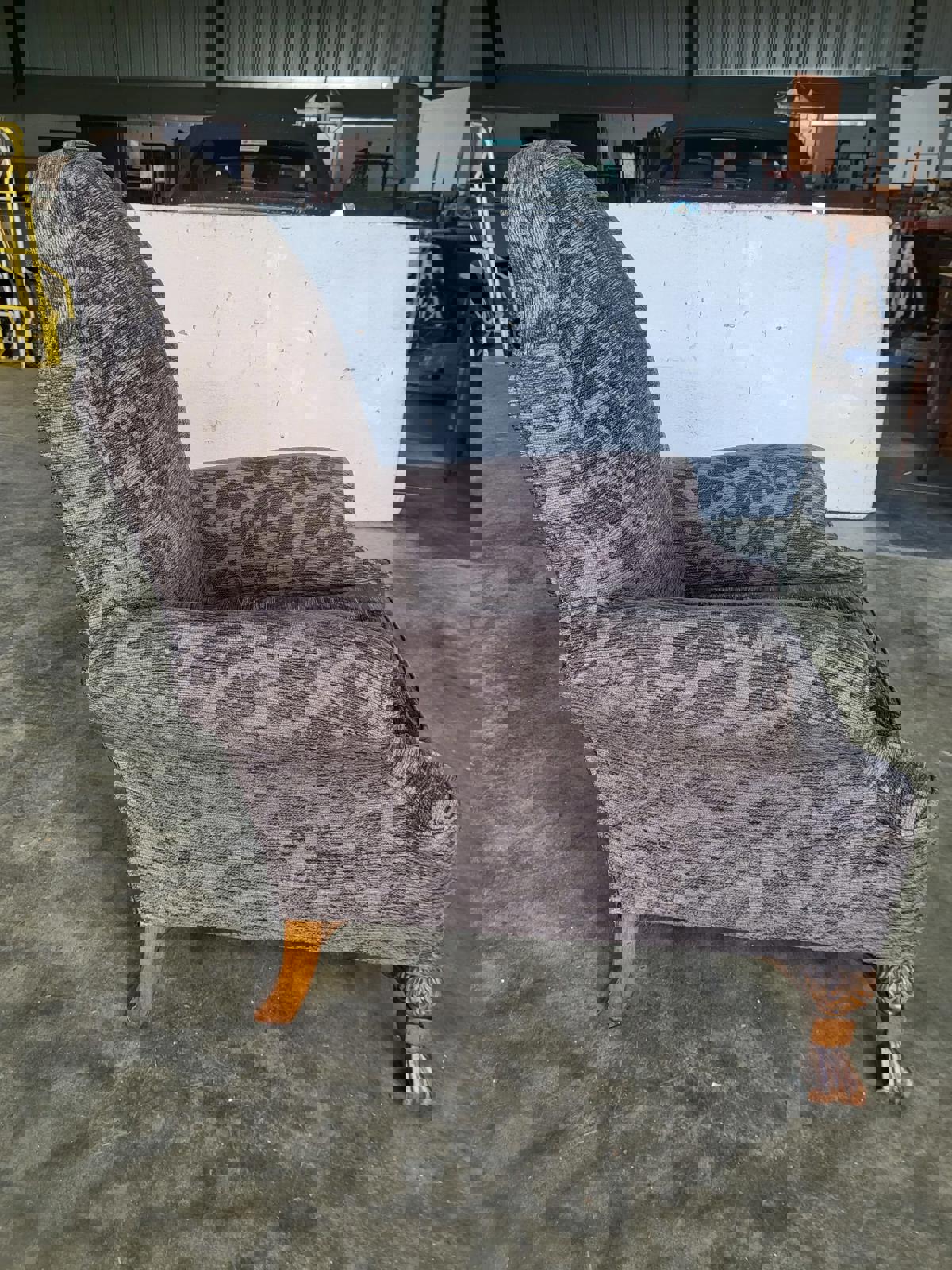 Antique repro? High back arm chair oak legs scroll arms