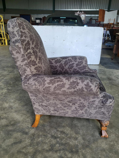 Antique repro? High back arm chair oak legs scroll arms