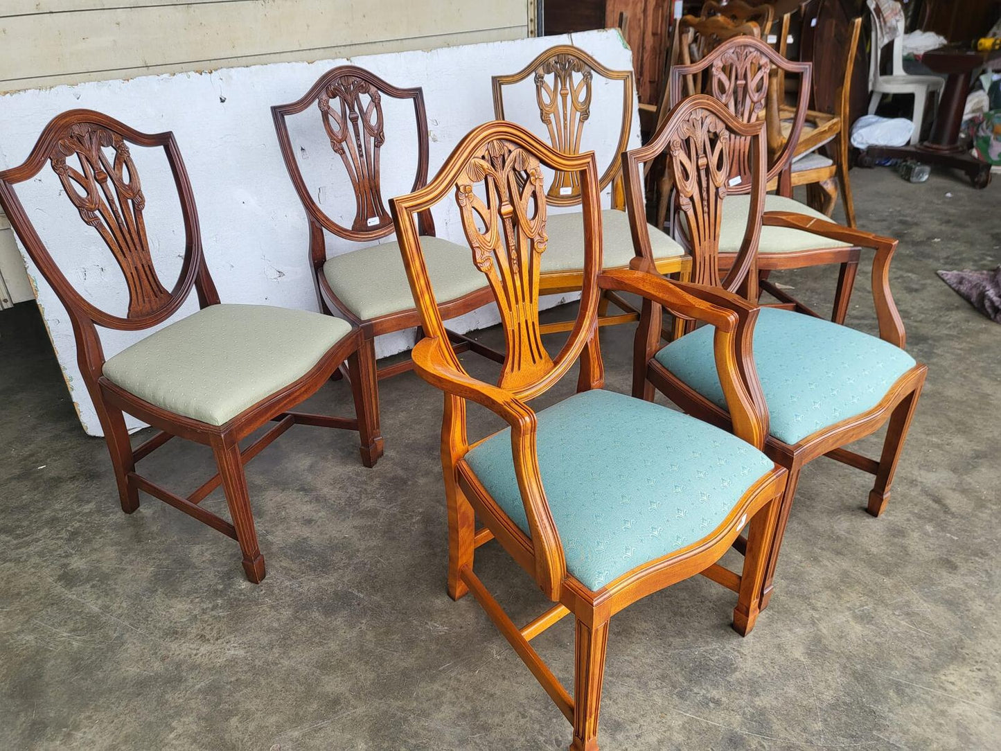 Antique Charles Barr repro shield back 6 mix dining chairs 2 carvers