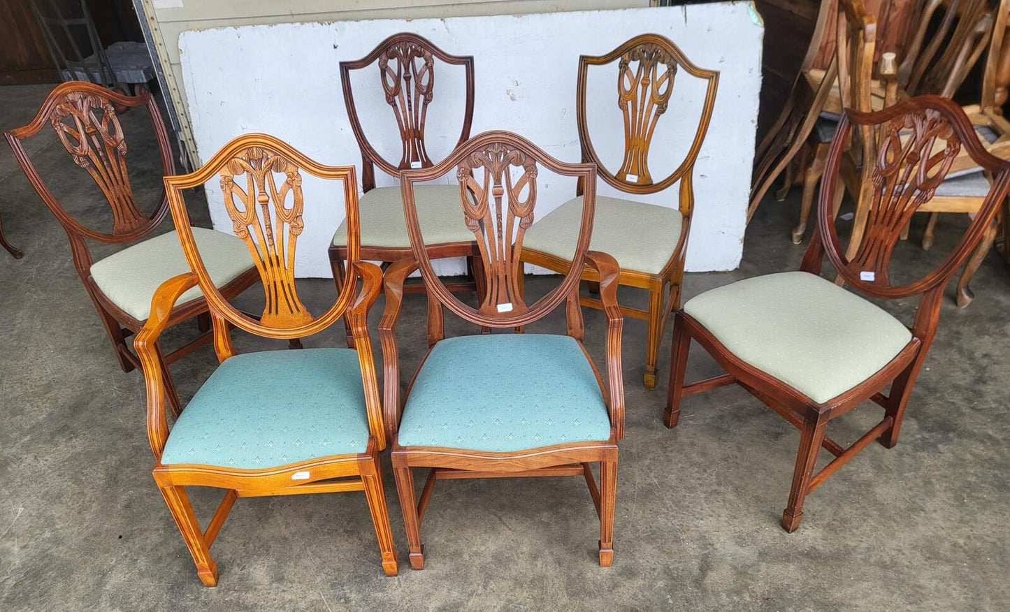 Antique Charles Barr repro shield back 6 mix dining chairs 2 carvers