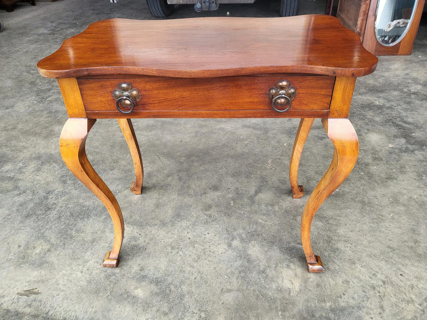 Antique small serpentine cabriole legs drawer table desk