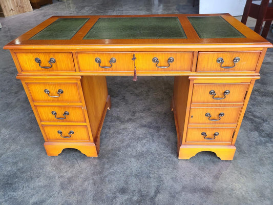 Antique repro small yew twin pedestal desk leather top