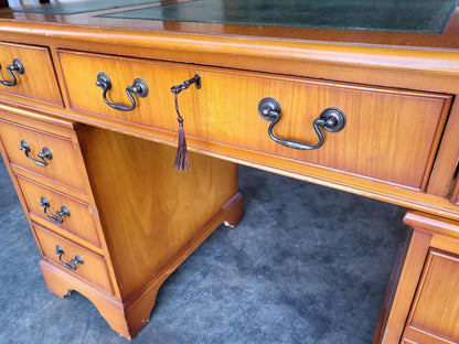 Antique repro small yew twin pedestal desk leather top