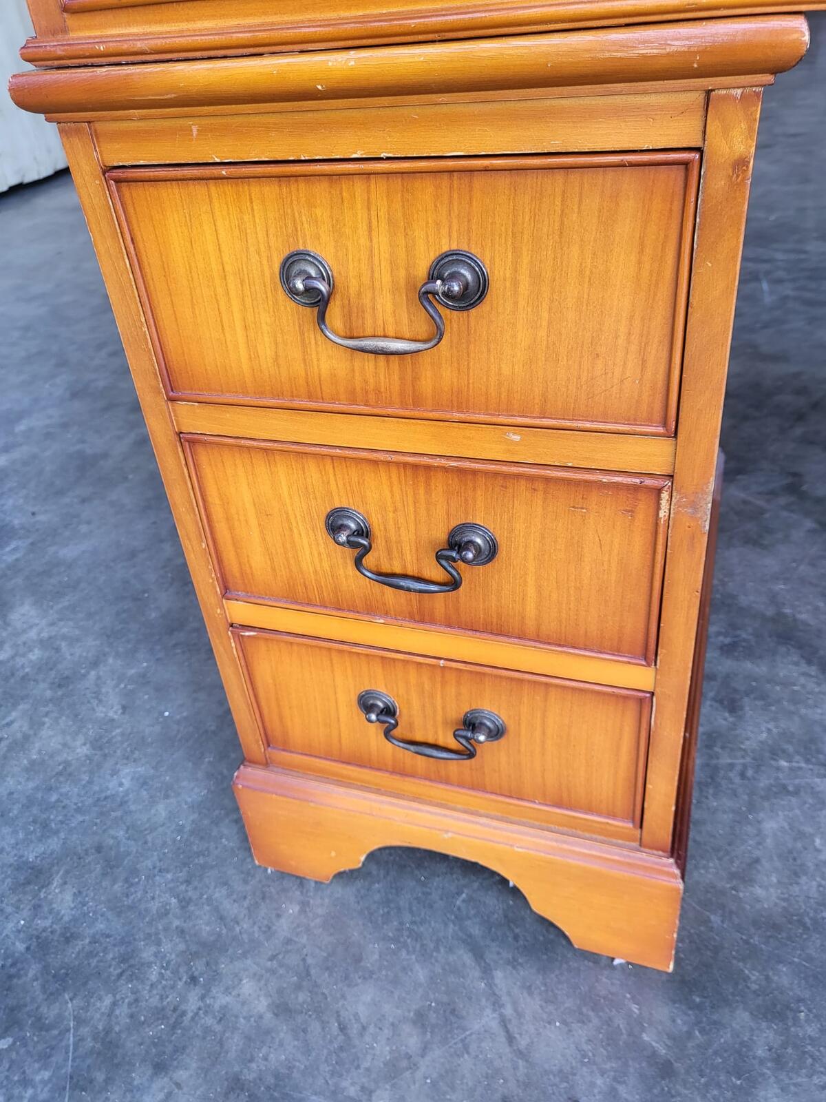Antique repro small yew twin pedestal desk leather top