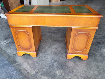 Antique repro small yew twin pedestal desk leather top