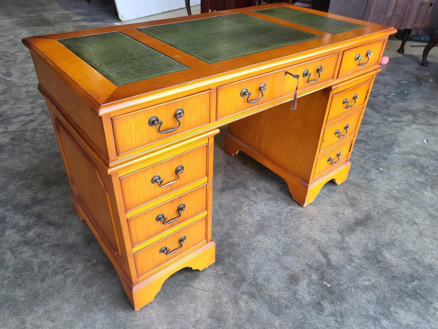 Antique repro small yew twin pedestal desk leather top
