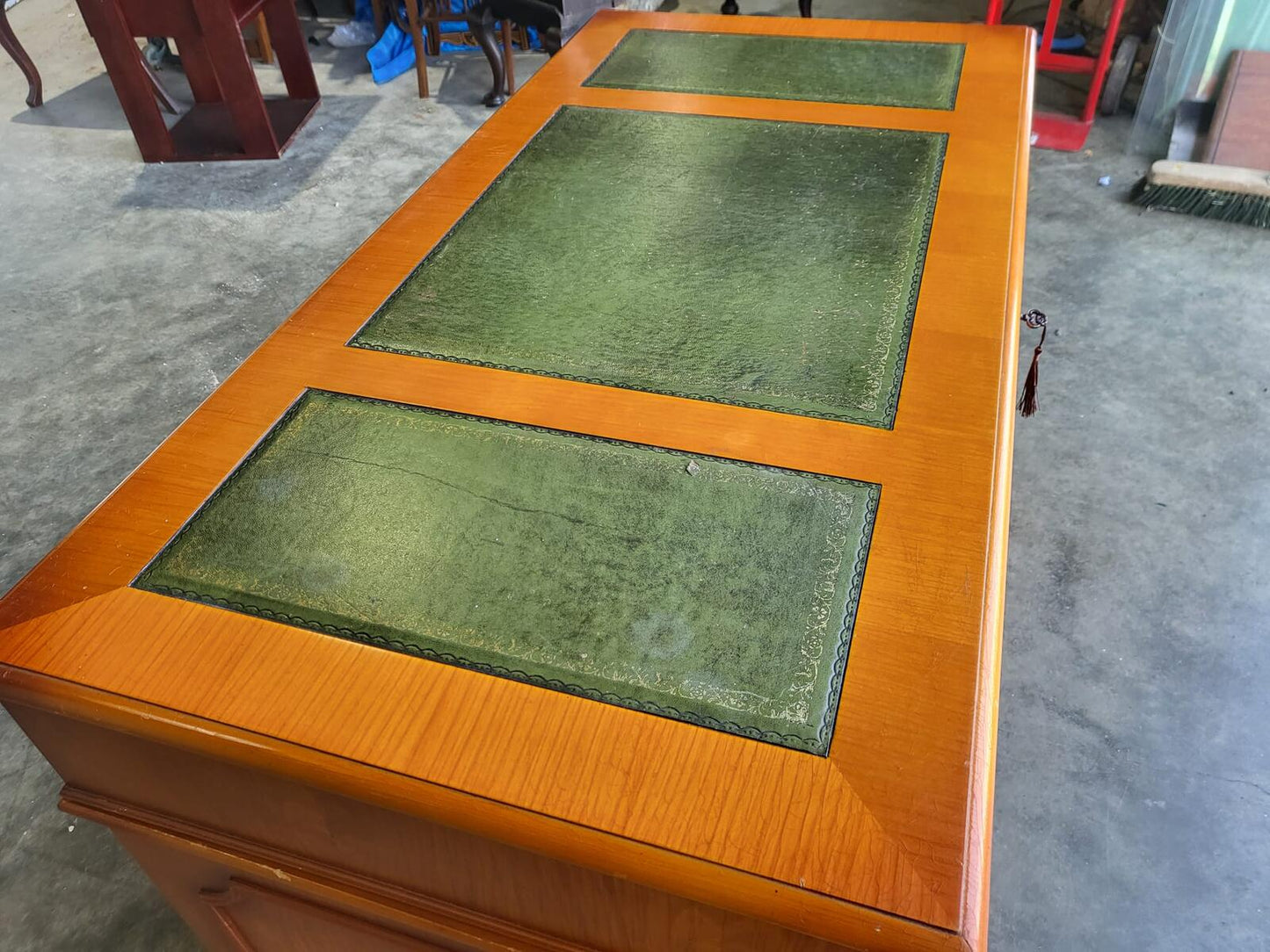 Antique repro small yew twin pedestal desk leather top
