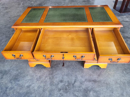 Antique repro small yew twin pedestal desk leather top