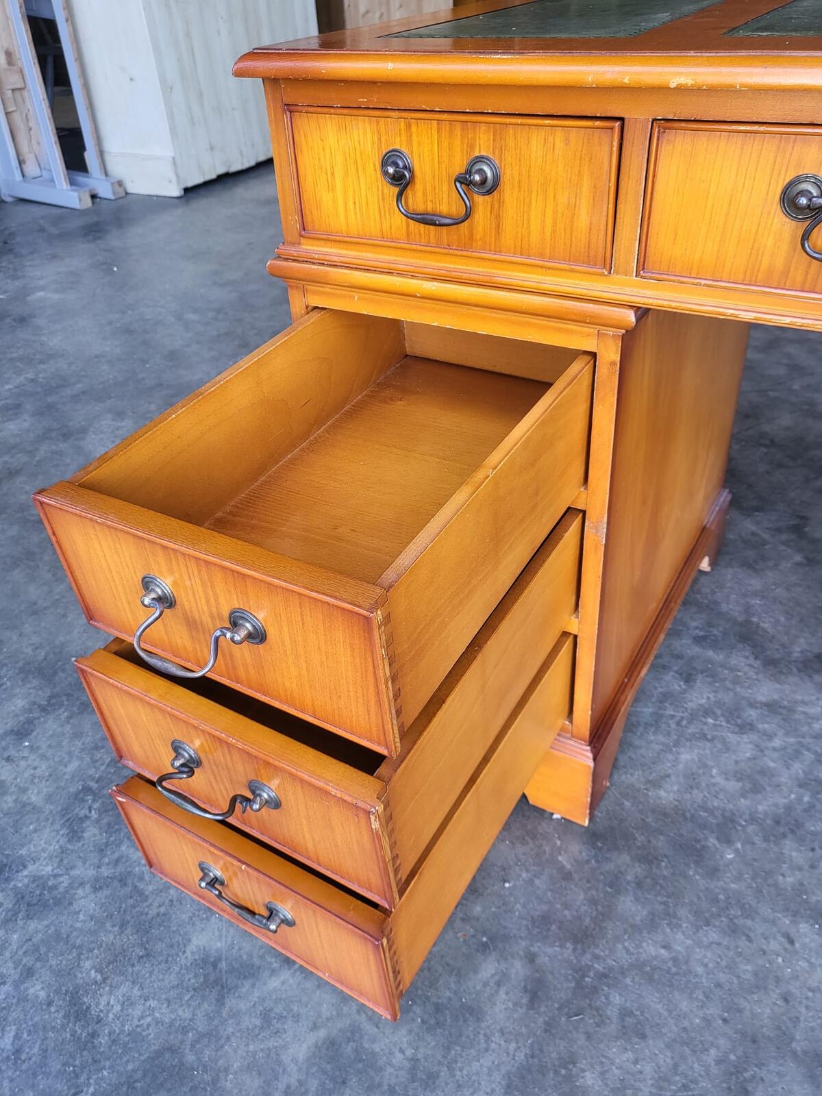 Antique repro small yew twin pedestal desk leather top