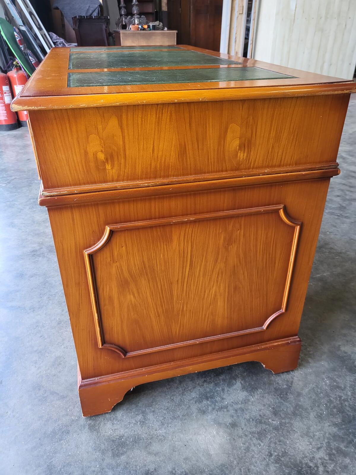 Antique repro small yew twin pedestal desk leather top